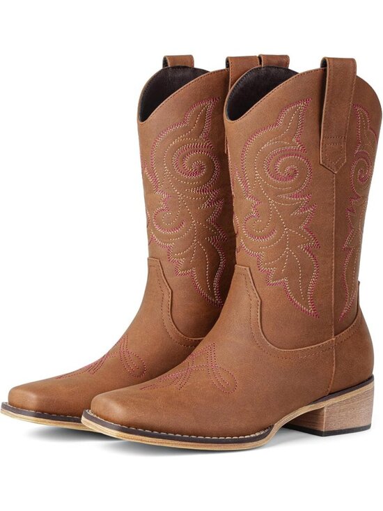 Shoes - Women's Red Square Toe Mid Calf Embroidery Cowgirl Boots Low Chunky Heel Shoes
